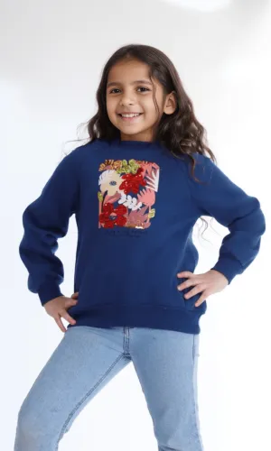 Girls Melton Padded Sweatshirt Flowers - Dark Blue