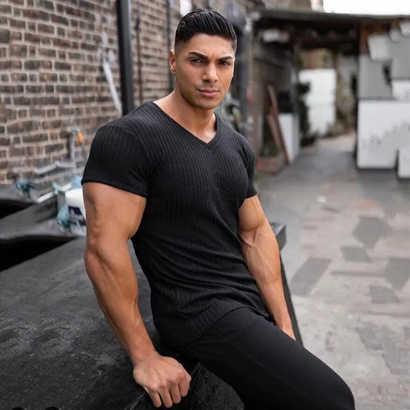 Great Men V Neck Short Sleeve T Shirt - Fitness Slim Fit Sports Strips T-shirt - Male Solid Fashion Tees Tops Summer (TM8)(1U8)(TM7)(1U101)(1U100)