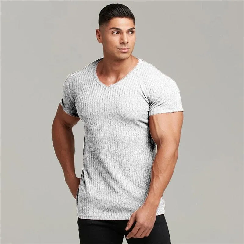 Great Men V Neck Short Sleeve T Shirt - Fitness Slim Fit Sports Strips T-shirt - Male Solid Fashion Tees Tops Summer (TM8)(1U8)(TM7)(1U101)(1U100)