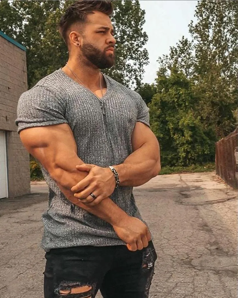 Great Men V Neck Short Sleeve T Shirt - Fitness Slim Fit Sports Strips T-shirt - Male Solid Fashion Tees Tops Summer (TM8)(1U8)(TM7)(1U101)(1U100)