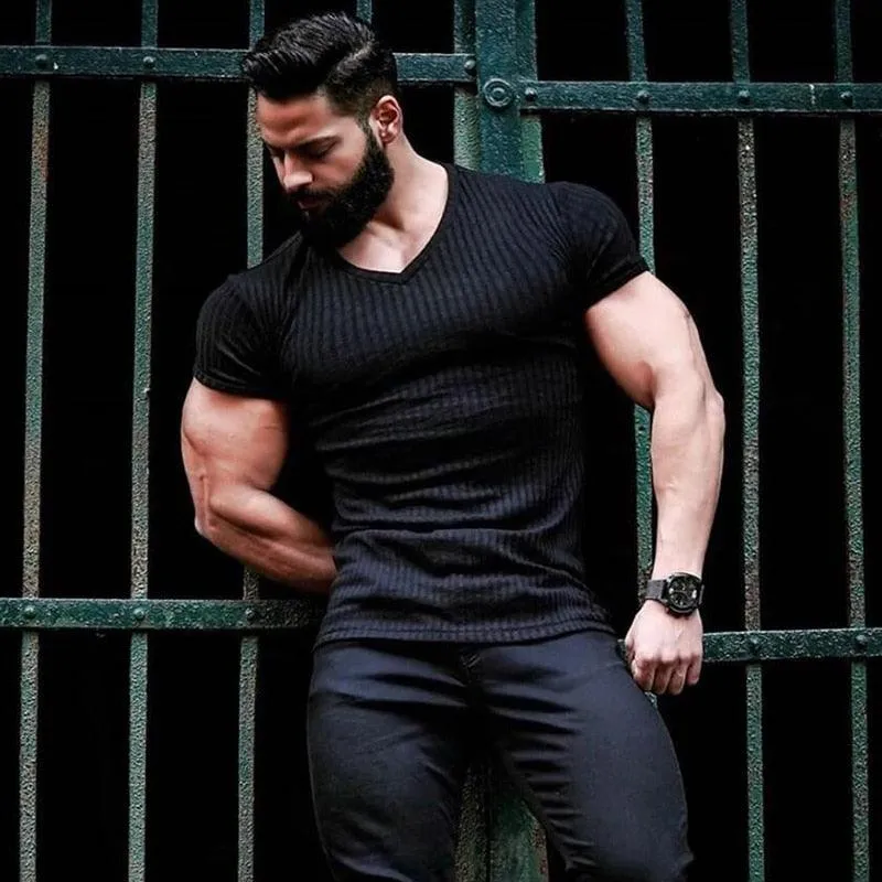 Great Men V Neck Short Sleeve T Shirt - Fitness Slim Fit Sports Strips T-shirt - Male Solid Fashion Tees Tops Summer (TM8)(1U8)(TM7)(1U101)(1U100)