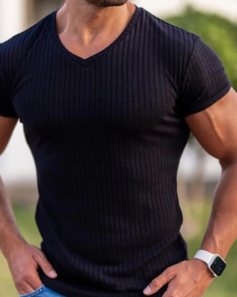 Great Men V Neck Short Sleeve T Shirt - Fitness Slim Fit Sports Strips T-shirt - Male Solid Fashion Tees Tops Summer (TM8)(1U8)(TM7)(1U101)(1U100)