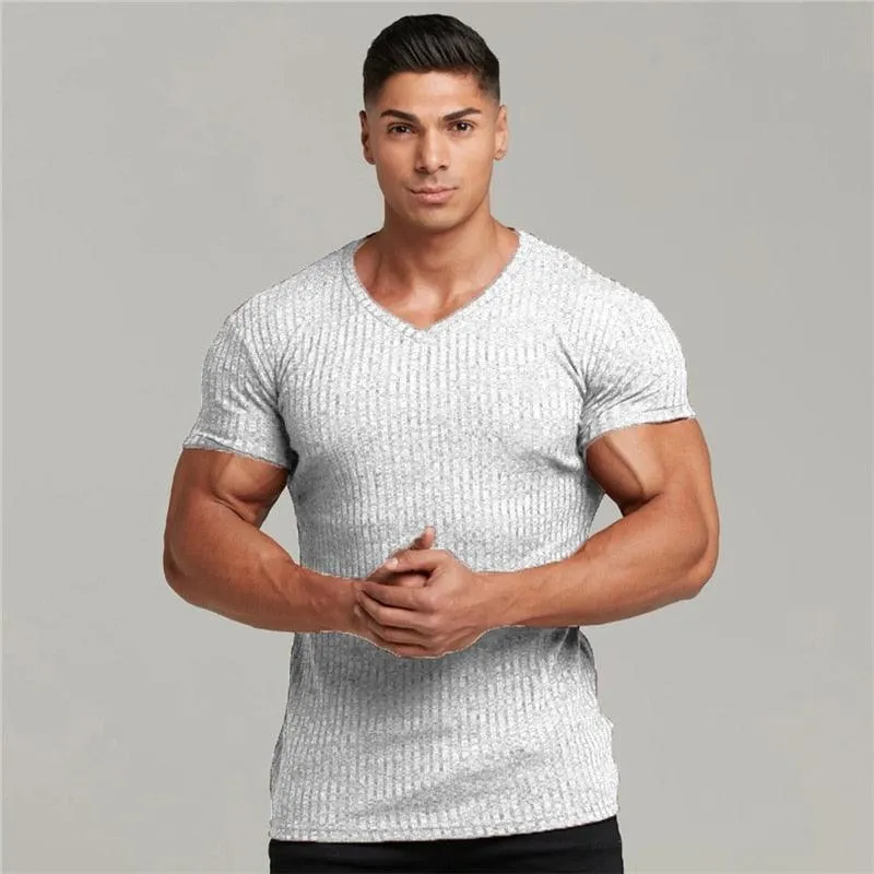 Great Men V Neck Short Sleeve T Shirt - Fitness Slim Fit Sports Strips T-shirt - Male Solid Fashion Tees Tops Summer (TM8)(1U8)(TM7)(1U101)(1U100)