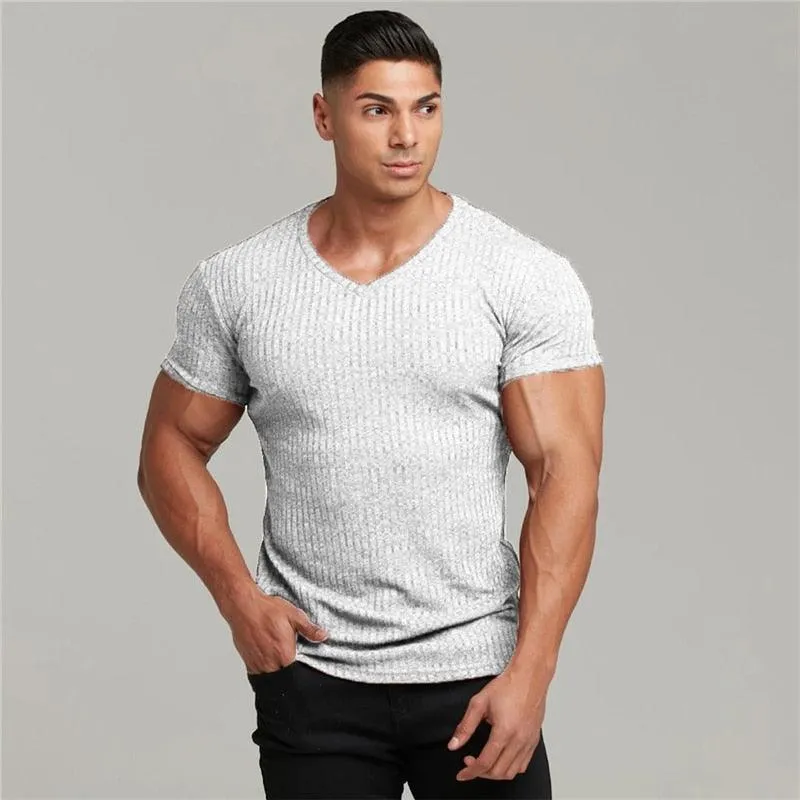 Great Men V Neck Short Sleeve T Shirt - Fitness Slim Fit Sports Strips T-shirt - Male Solid Fashion Tees Tops Summer (TM8)(1U8)(TM7)(1U101)(1U100)