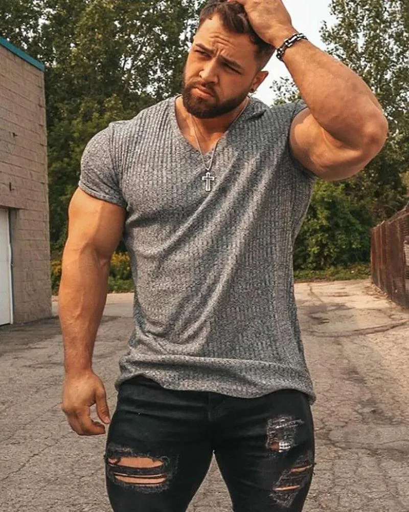 Great Men V Neck Short Sleeve T Shirt - Fitness Slim Fit Sports Strips T-shirt - Male Solid Fashion Tees Tops Summer (TM8)(1U8)(TM7)(1U101)(1U100)