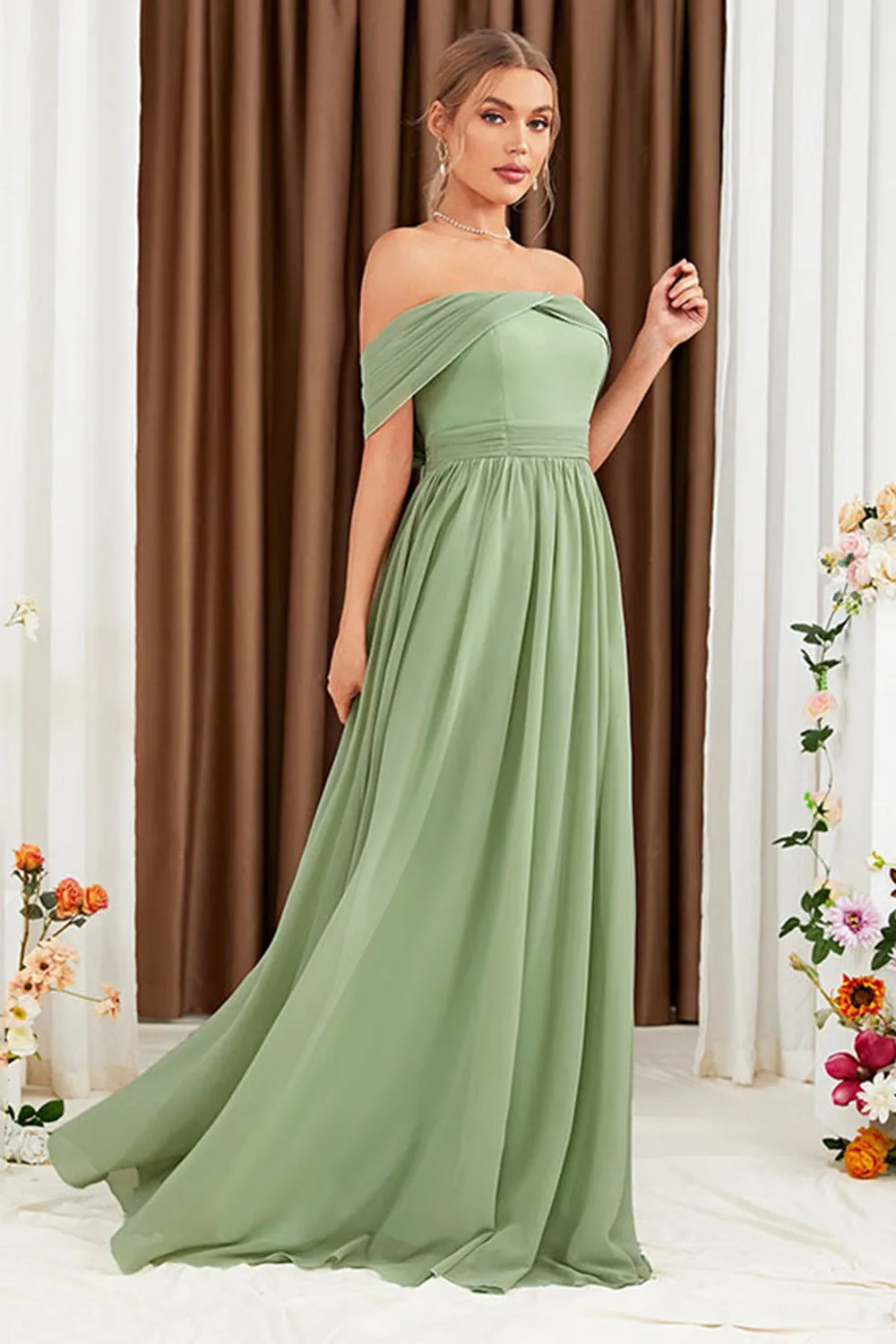 Green A Line Off The Shoulder Pleated Maxi Dress