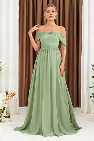 Green A Line Off The Shoulder Pleated Maxi Dress