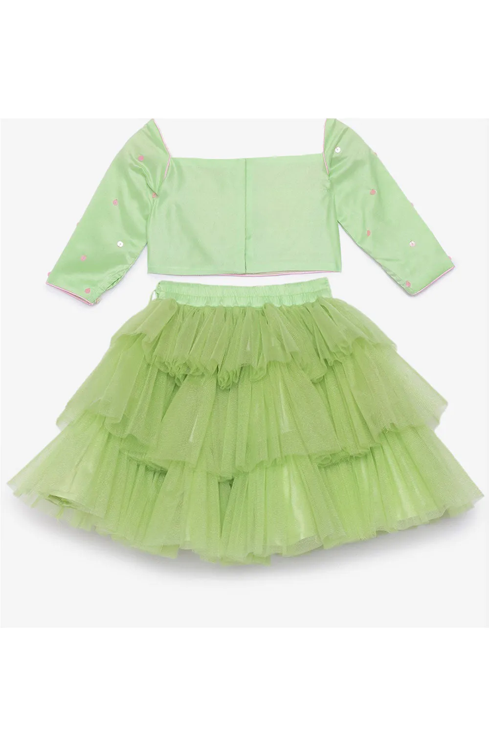 Green lotus motif top and tiered skirt