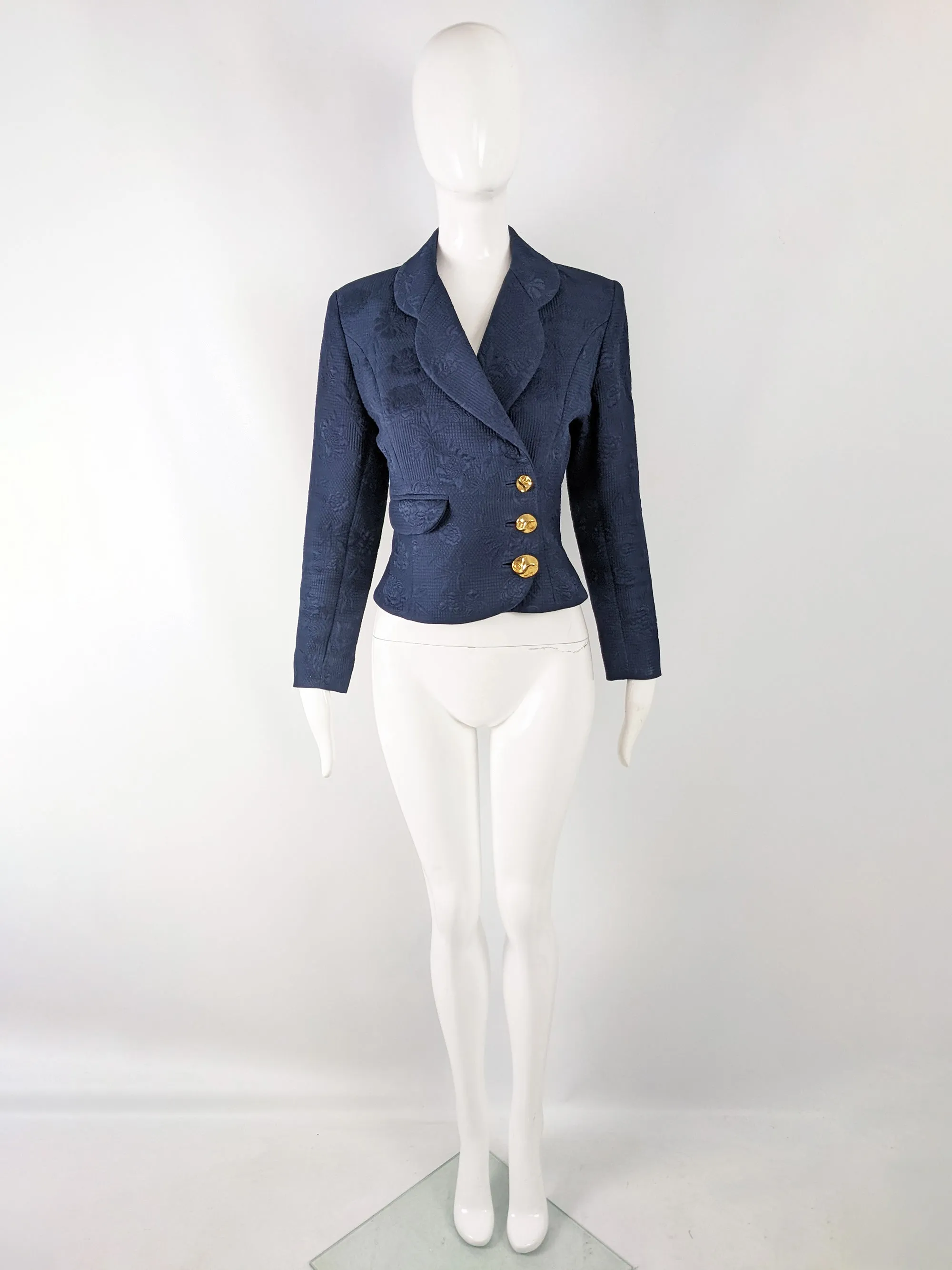 Grés Vintage Womens Navy Quilted Cotton Tailored Jacket, 1980s