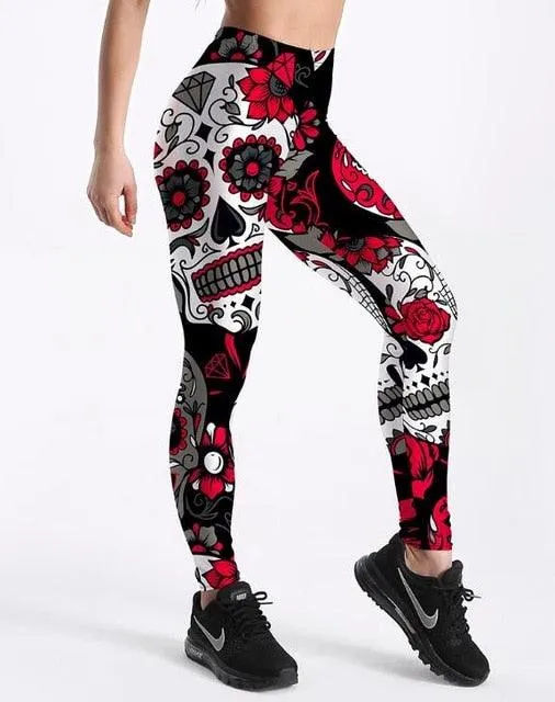 Hot Sell Women's Skull & Flower Black Leggings - Digital Print Pants Trousers - Stretch Pants - Plus Size (BAP)(TBL)