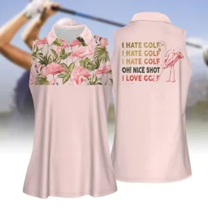 I Hate Golf Flamingo Pattern Women Golf Apparel, Women Short Sleeve Polo Shirt, Sleeveless Polo Shirt