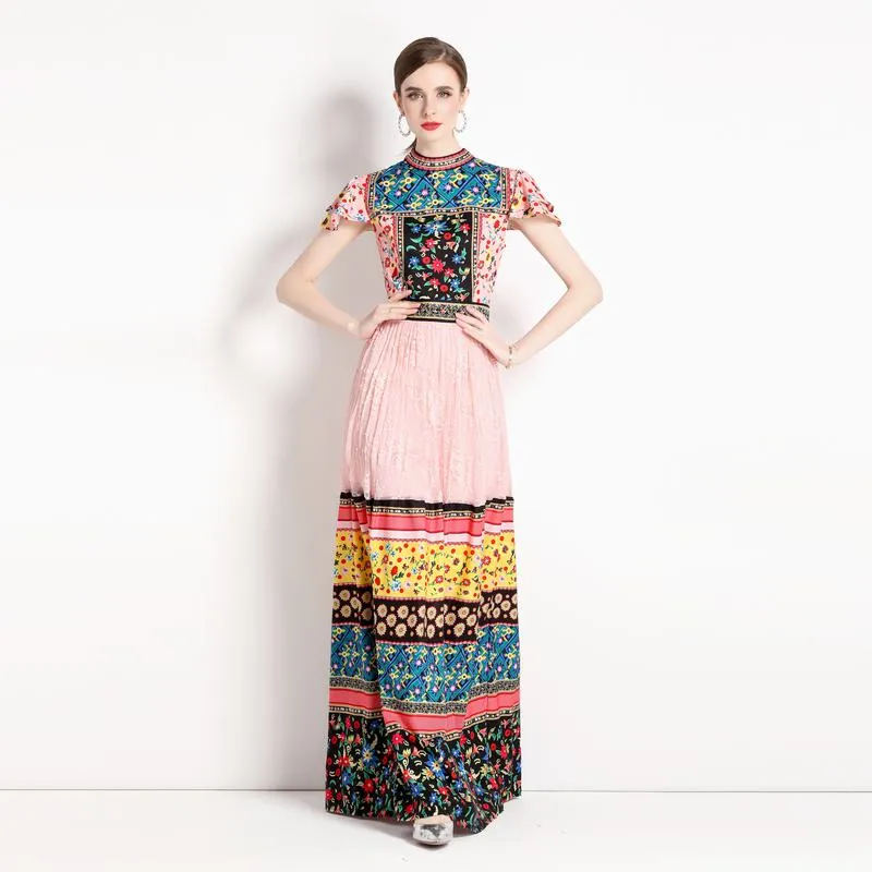 Lace Retro Print Patchwork Cap Sleeve Dress