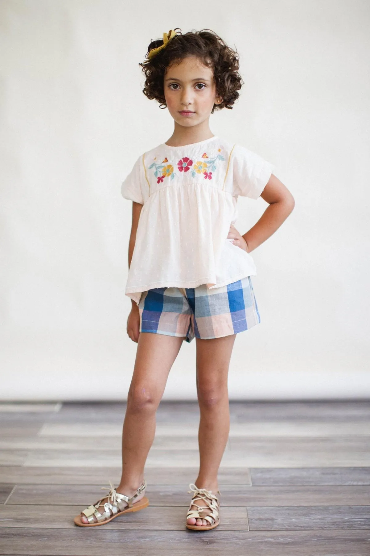 Lali Kids Begonia Button Girls Shorts - Blue Chex