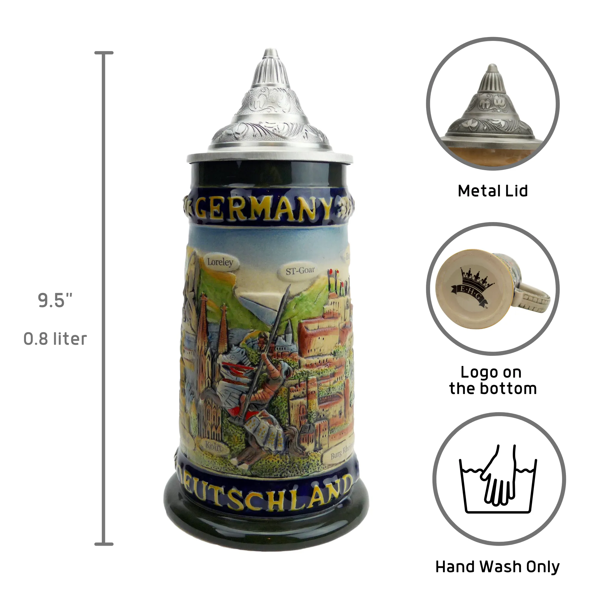 Legends of Germany Collectible German Beer Stein with Metal Lid