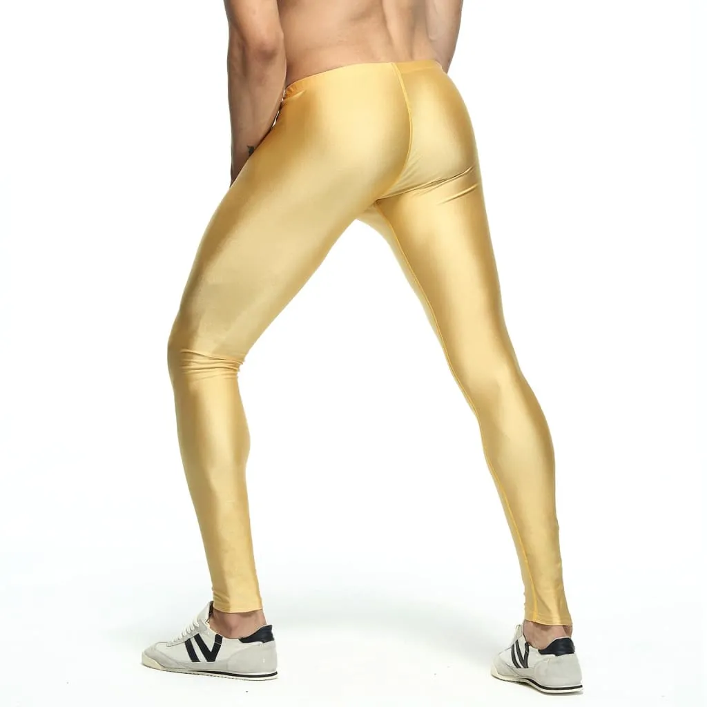 Men Seamless High Stretch Satin Style Sports Tights