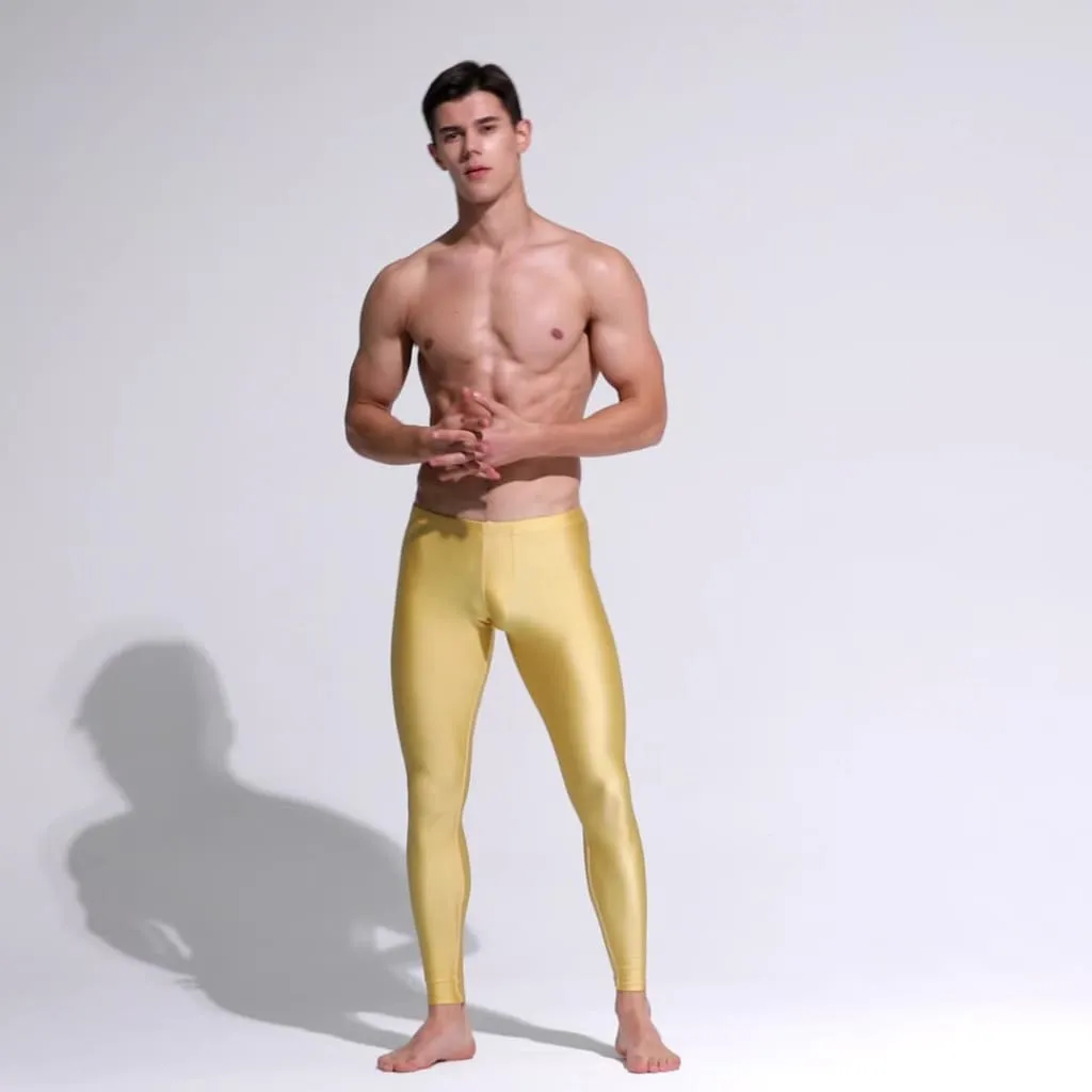 Men Seamless High Stretch Satin Style Sports Tights