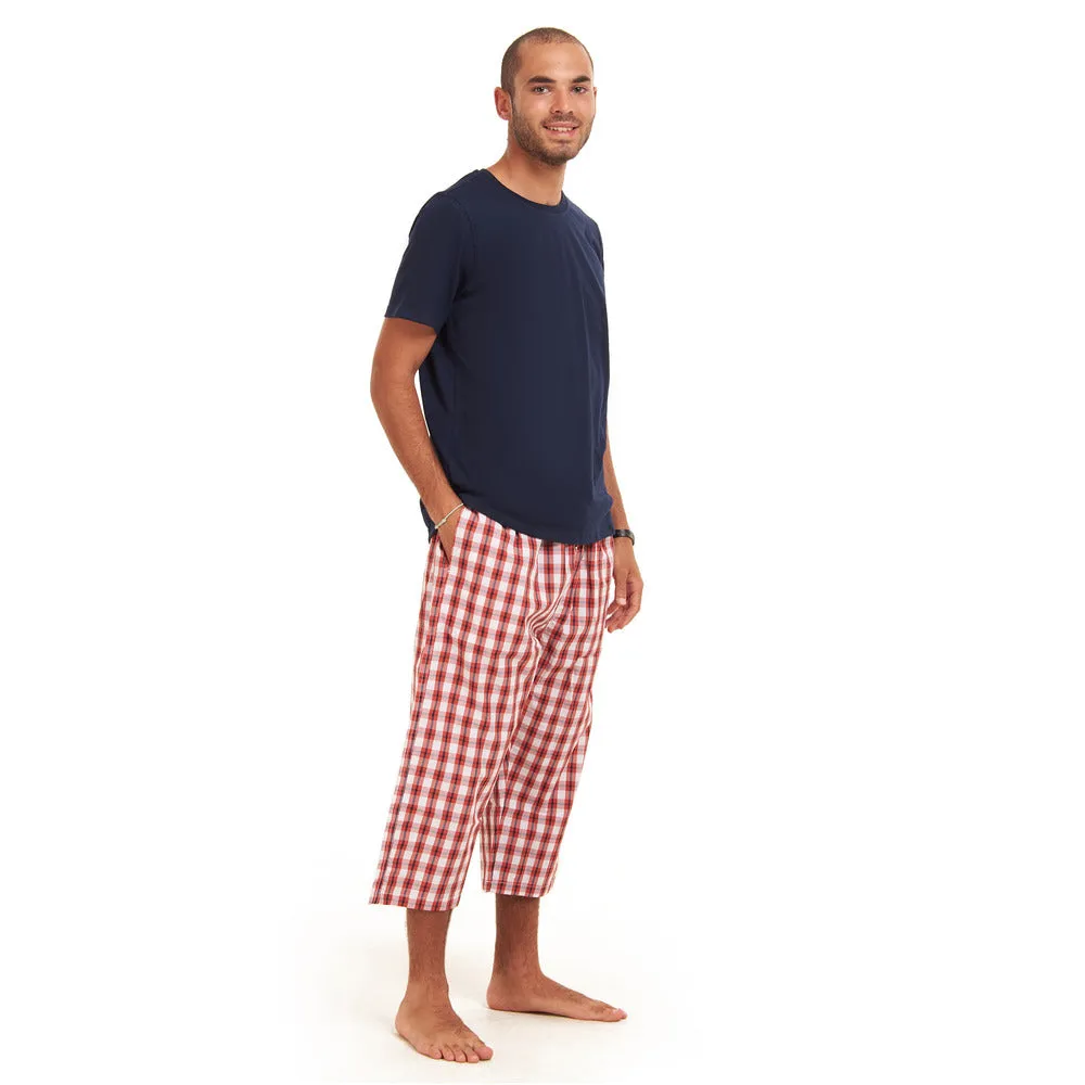 Men summer pajama set Dark Blue T-shirt   red x white checkered Pantacor