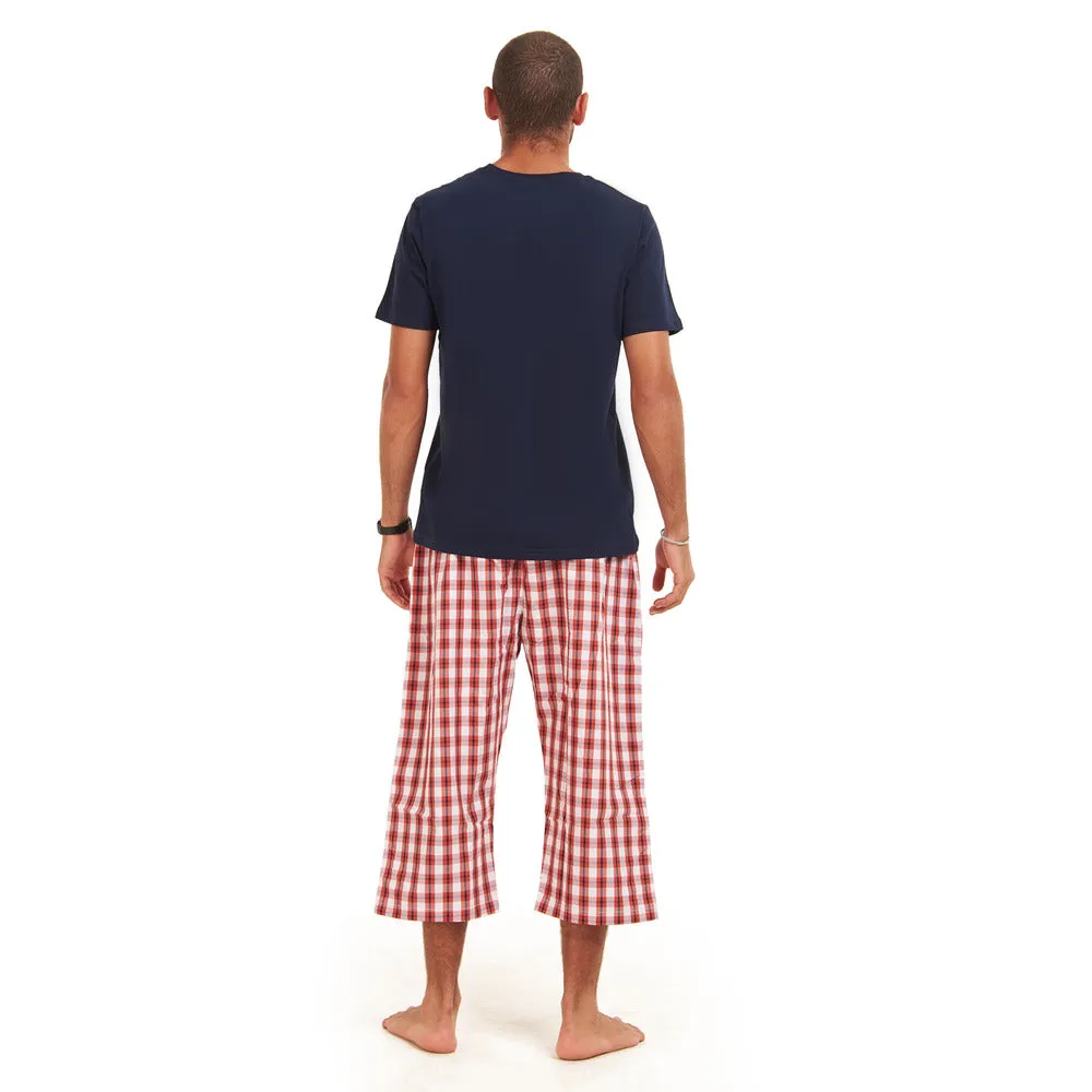 Men summer pajama set Dark Blue T-shirt   red x white checkered Pantacor