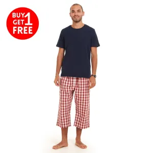 Men summer pajama set Dark Blue T-shirt   red x white checkered Pantacor