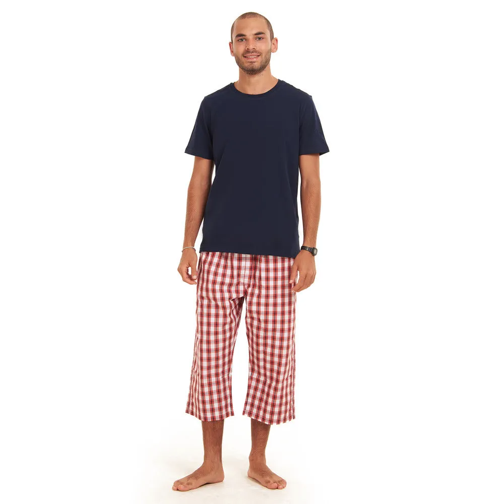 Men summer pajama set Dark Blue T-shirt   red x white checkered Pantacor