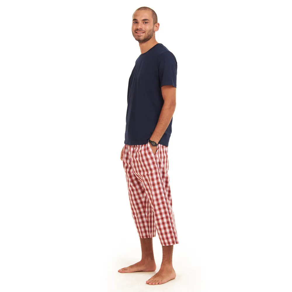 Men summer pajama set Dark Blue T-shirt   red x white checkered Pantacor