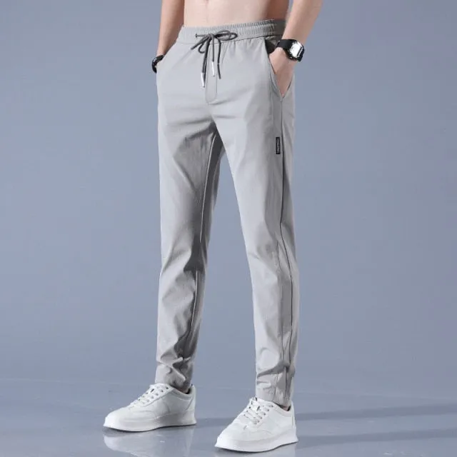 Men's Ice Silk Trousers Solid Color Mid-Waist Loose Breathable Straight-Leg Casual Pants Thin Quick-Drying Sports Pants