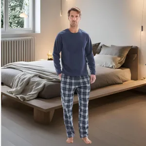 Mens Lounge Pants Loungewear Sets Fleece Top Cotton Bottom Navy Blue Check.