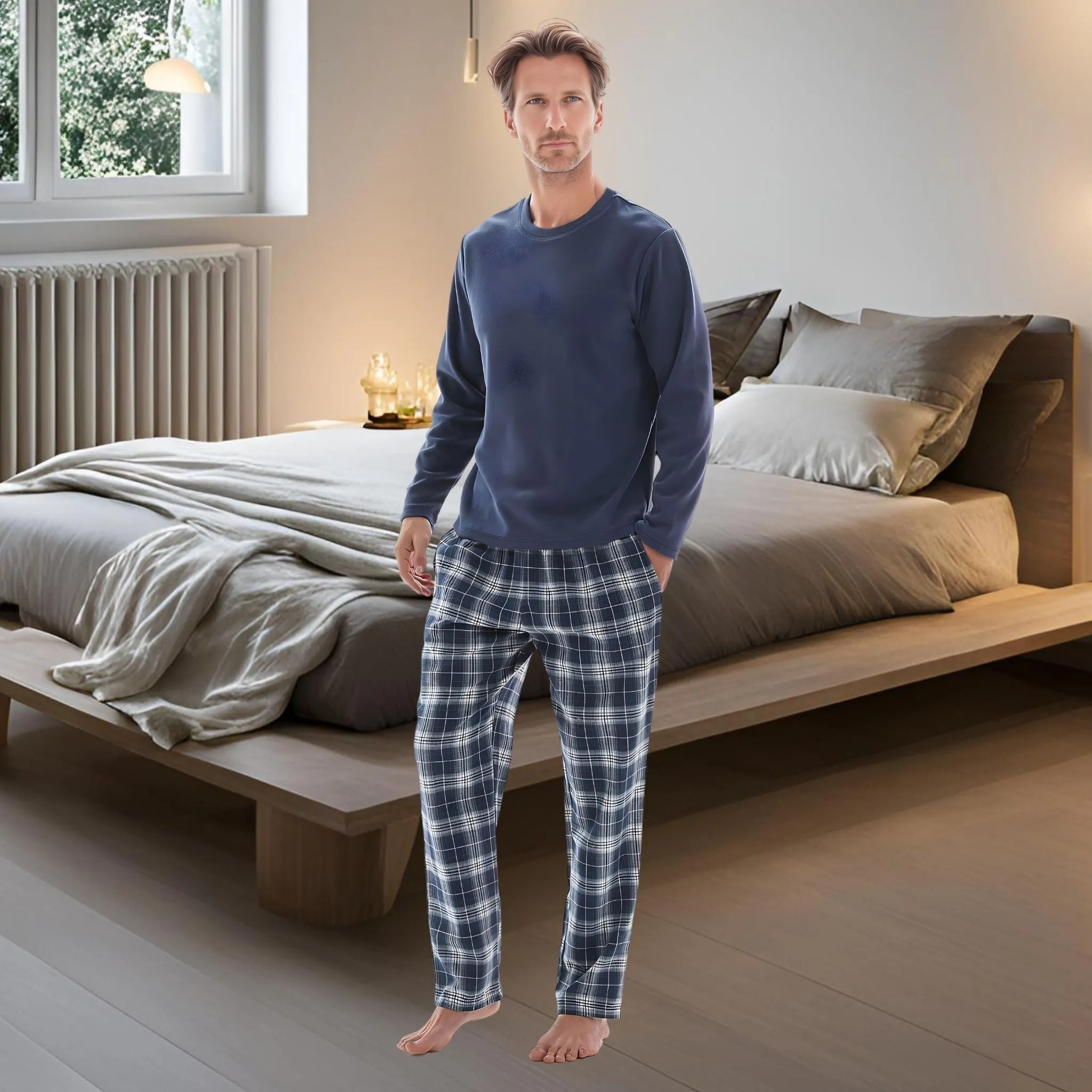 Mens Lounge Pants Loungewear Sets Fleece Top Cotton Bottom Navy Blue Check.