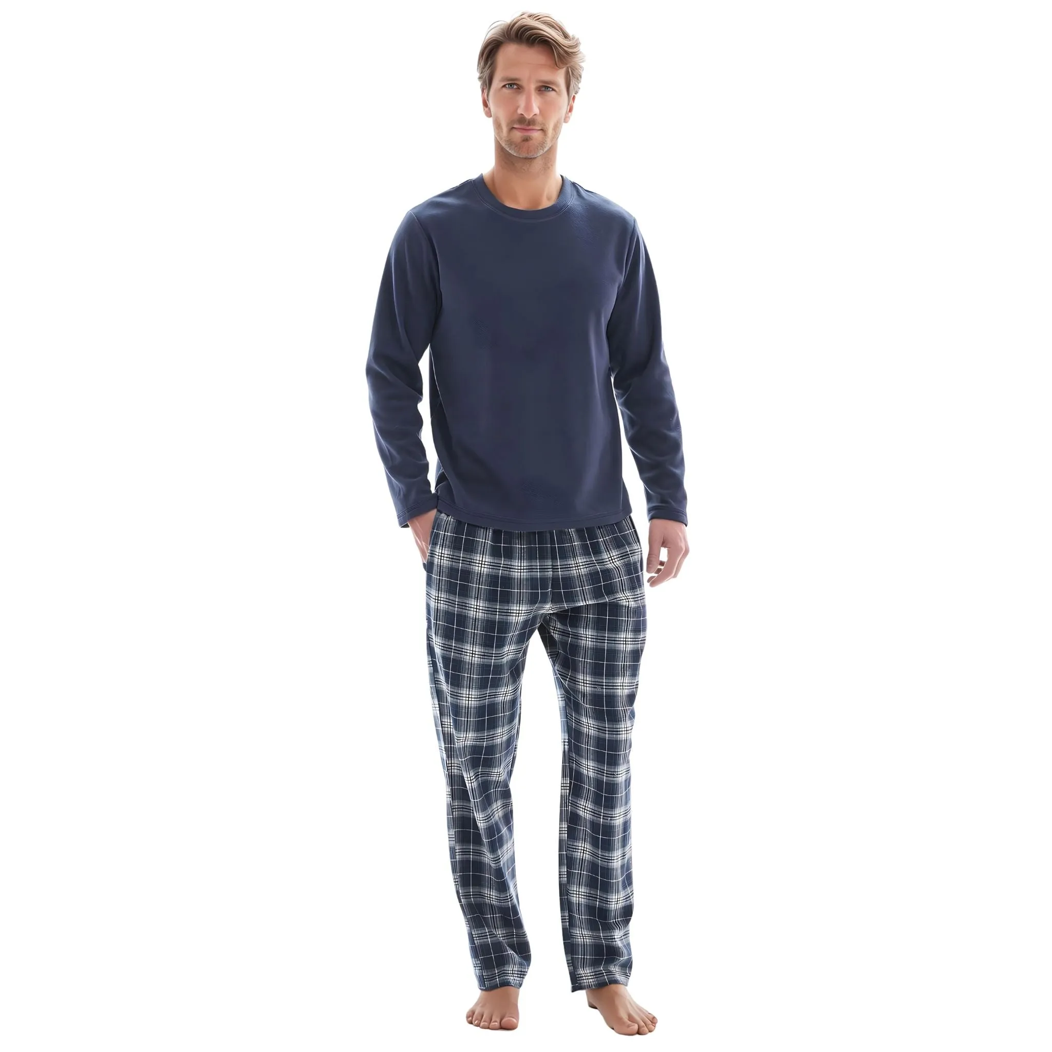 Mens Lounge Pants Loungewear Sets Fleece Top Cotton Bottom Navy Blue Check.