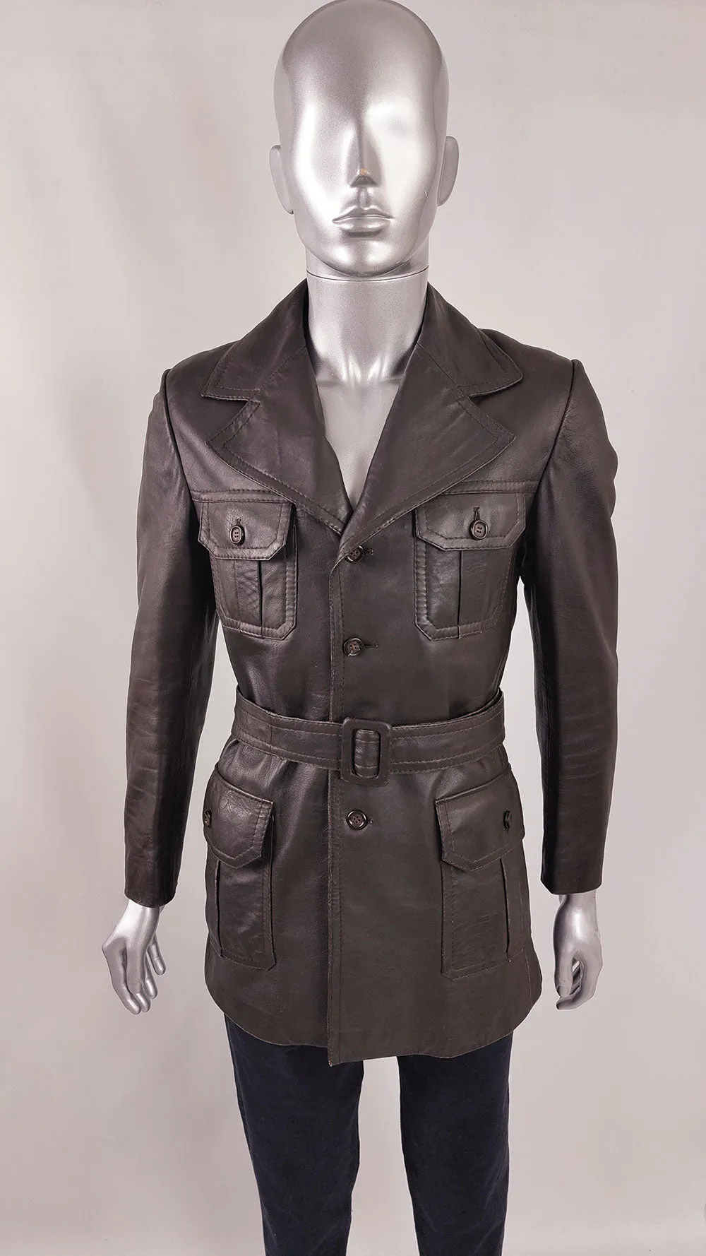 Mens Vintage Brown Leather Belted Jacket, 1970s