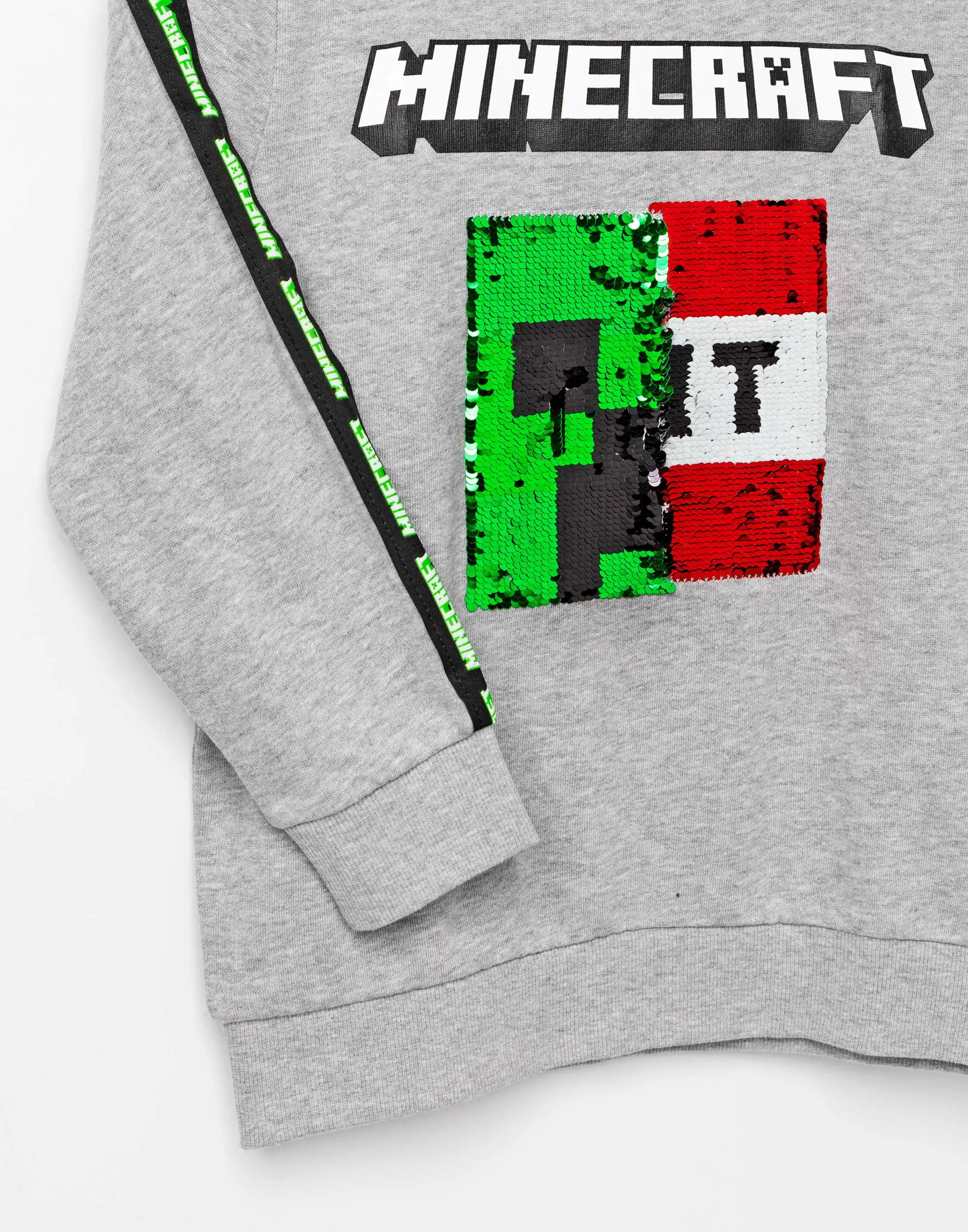 Minecraft Kids Sweatshirt Flip Sequin Green Creeper and Red TNT Jumper - Grey