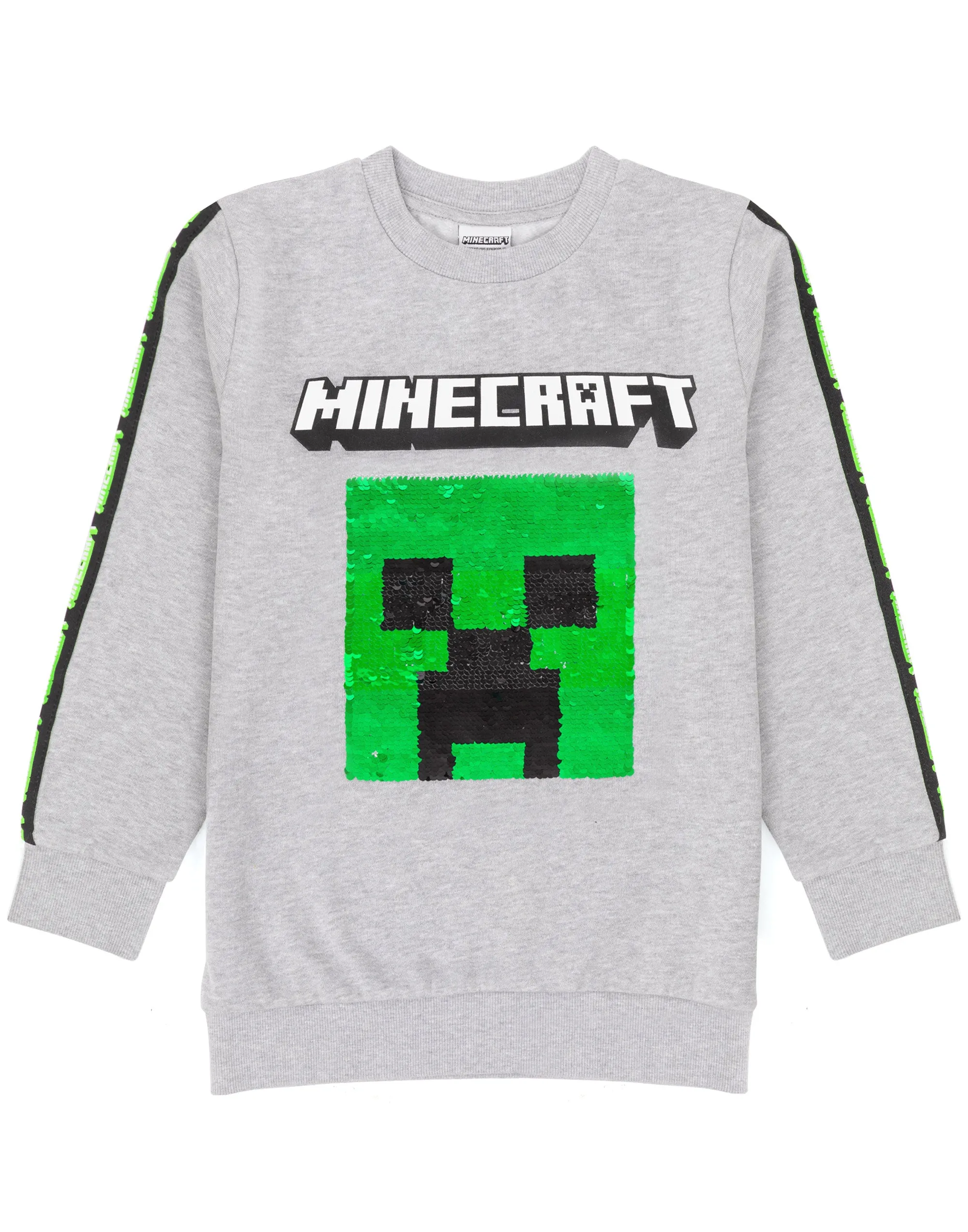 Minecraft Kids Sweatshirt Flip Sequin Green Creeper and Red TNT Jumper - Grey