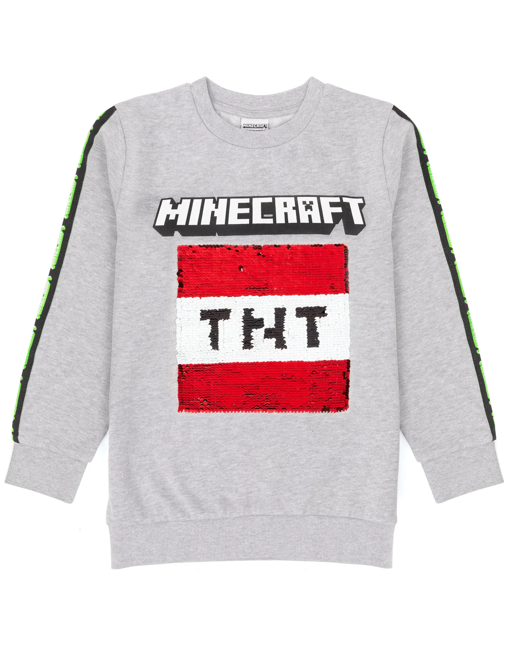 Minecraft Kids Sweatshirt Flip Sequin Green Creeper and Red TNT Jumper - Grey