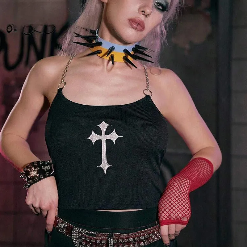 Mysterious Black Print Cross Chain Sexy Black Crop Top