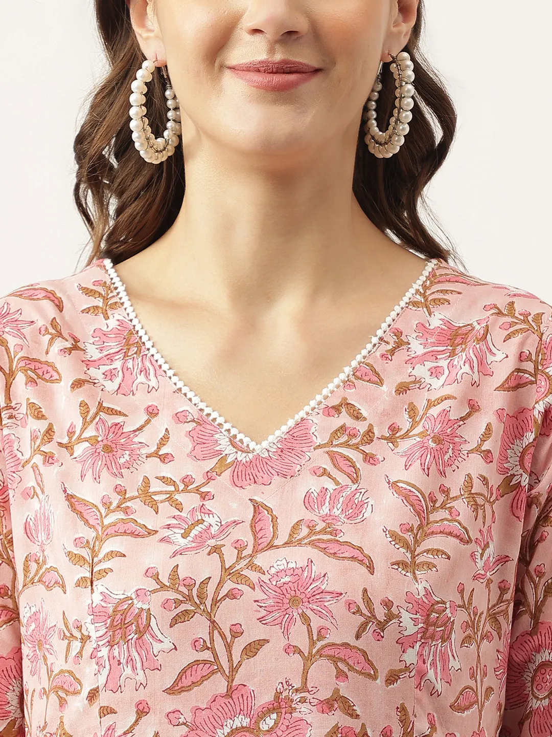 Pink Floral Printed Cotton Anarkali Kurta, Trouser With Dupatta Set