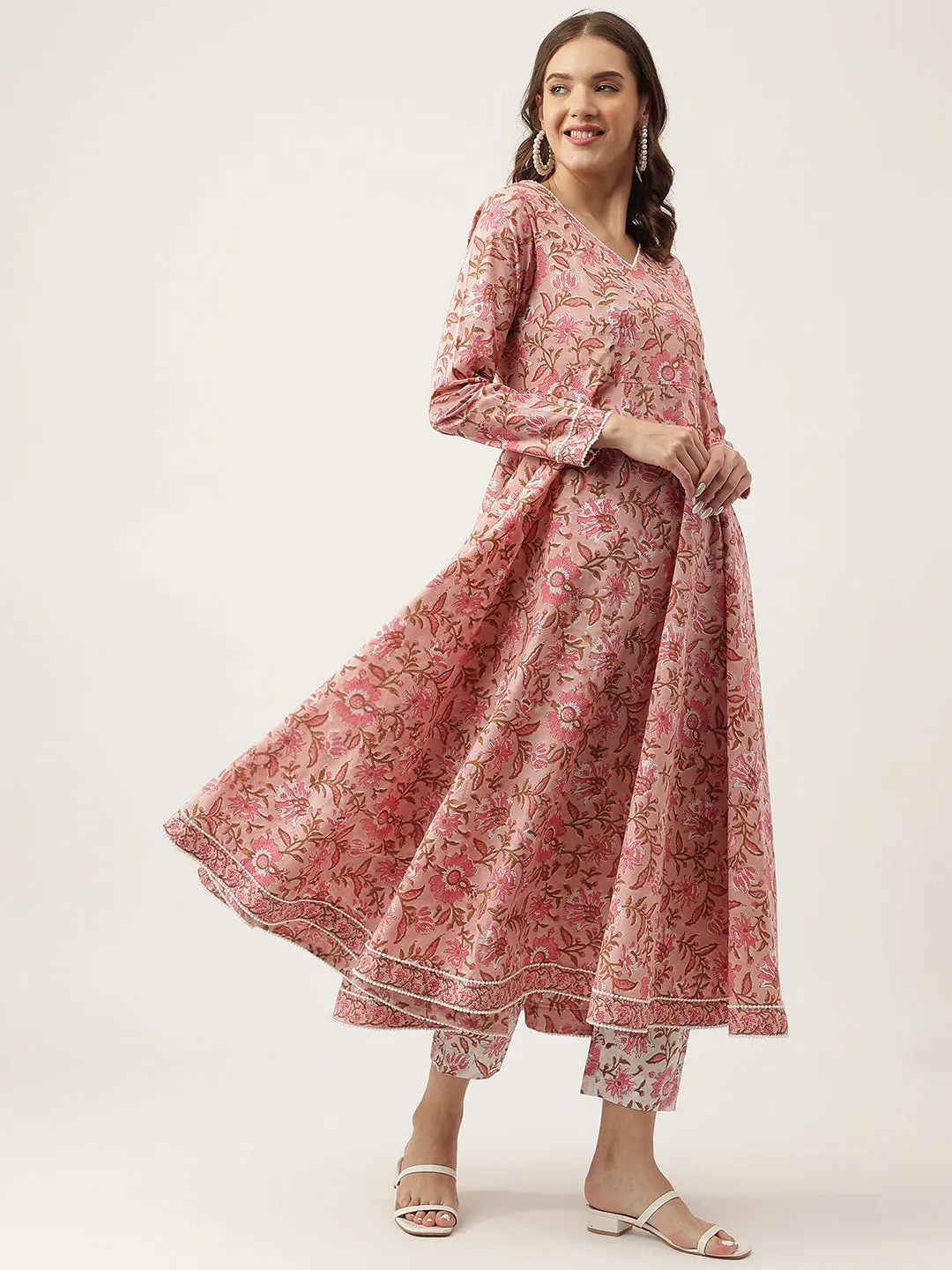 Pink Floral Printed Cotton Anarkali Kurta, Trouser With Dupatta Set