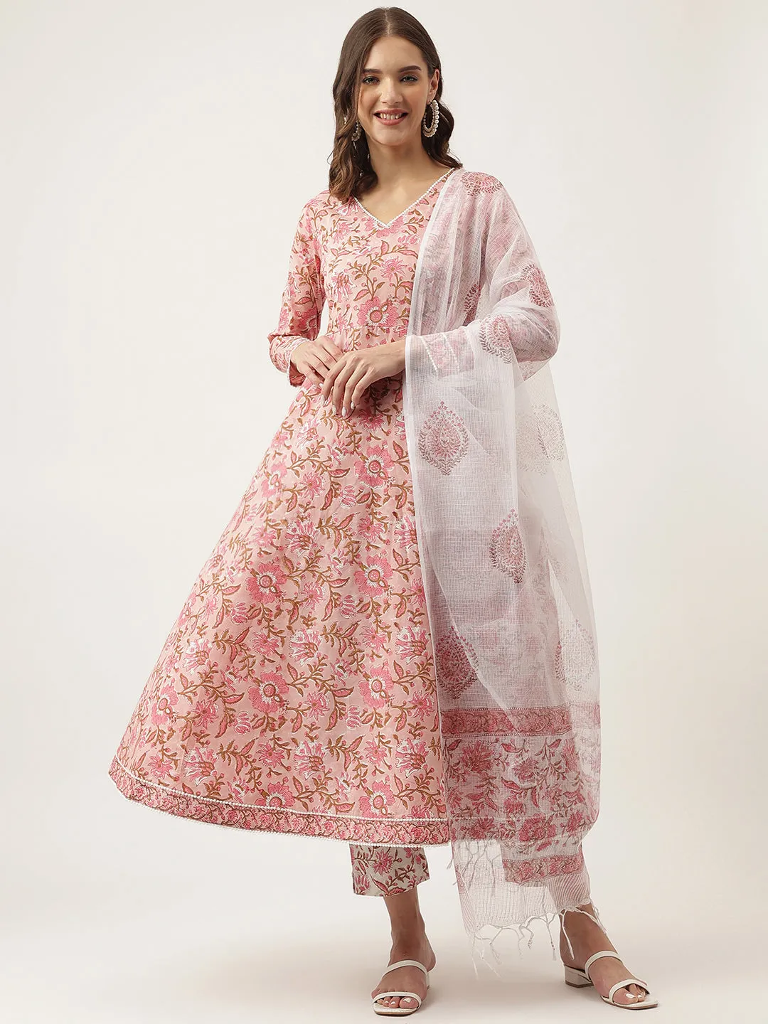 Pink Floral Printed Cotton Anarkali Kurta, Trouser With Dupatta Set