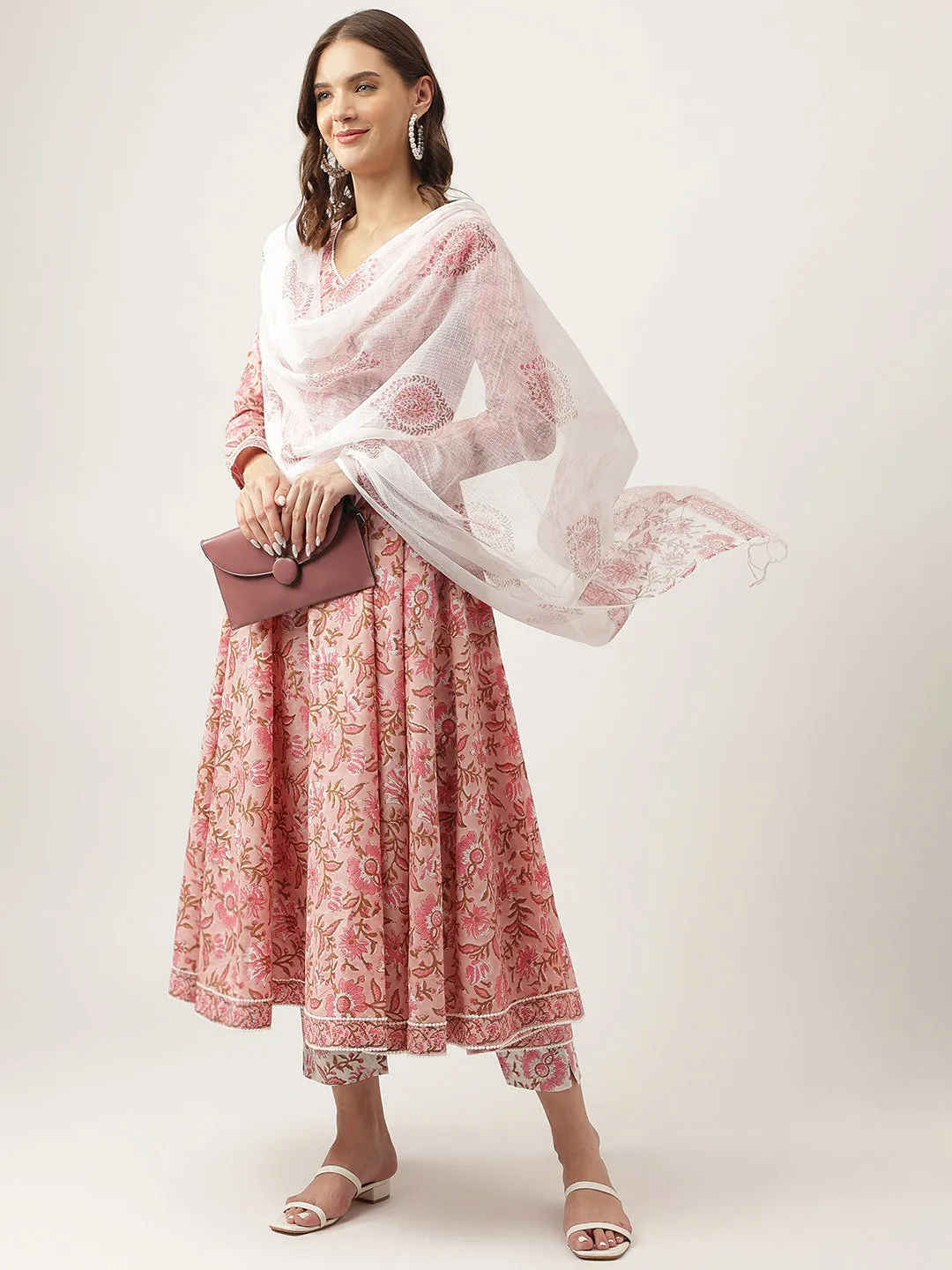 Pink Floral Printed Cotton Anarkali Kurta, Trouser With Dupatta Set