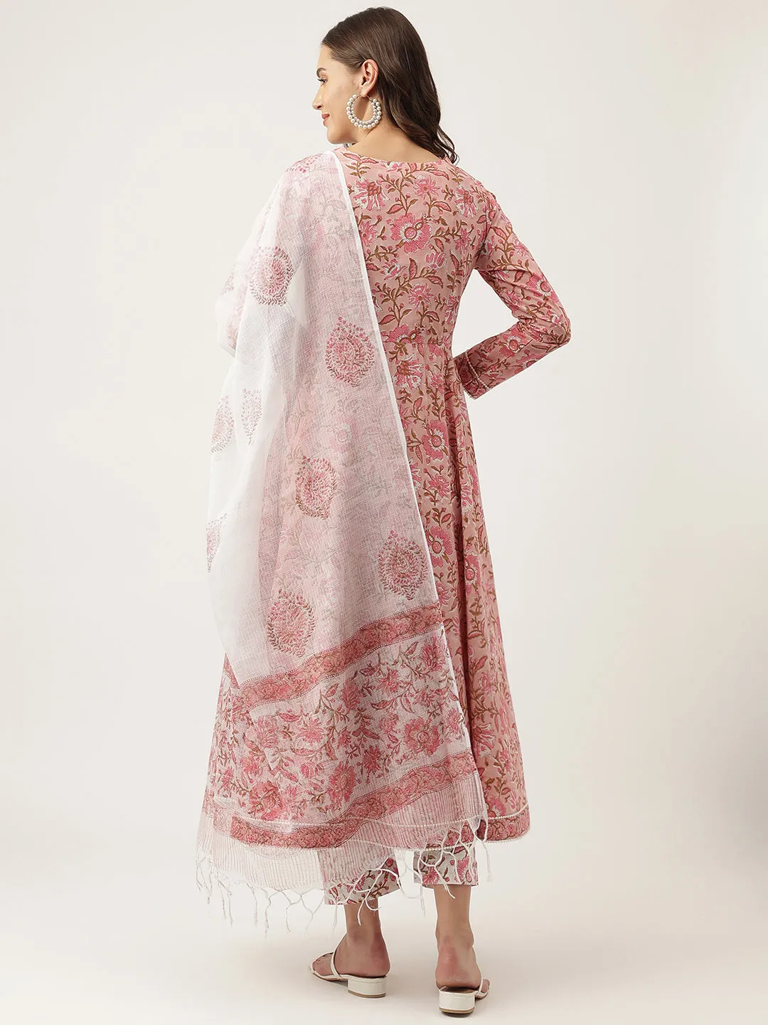 Pink Floral Printed Cotton Anarkali Kurta, Trouser With Dupatta Set