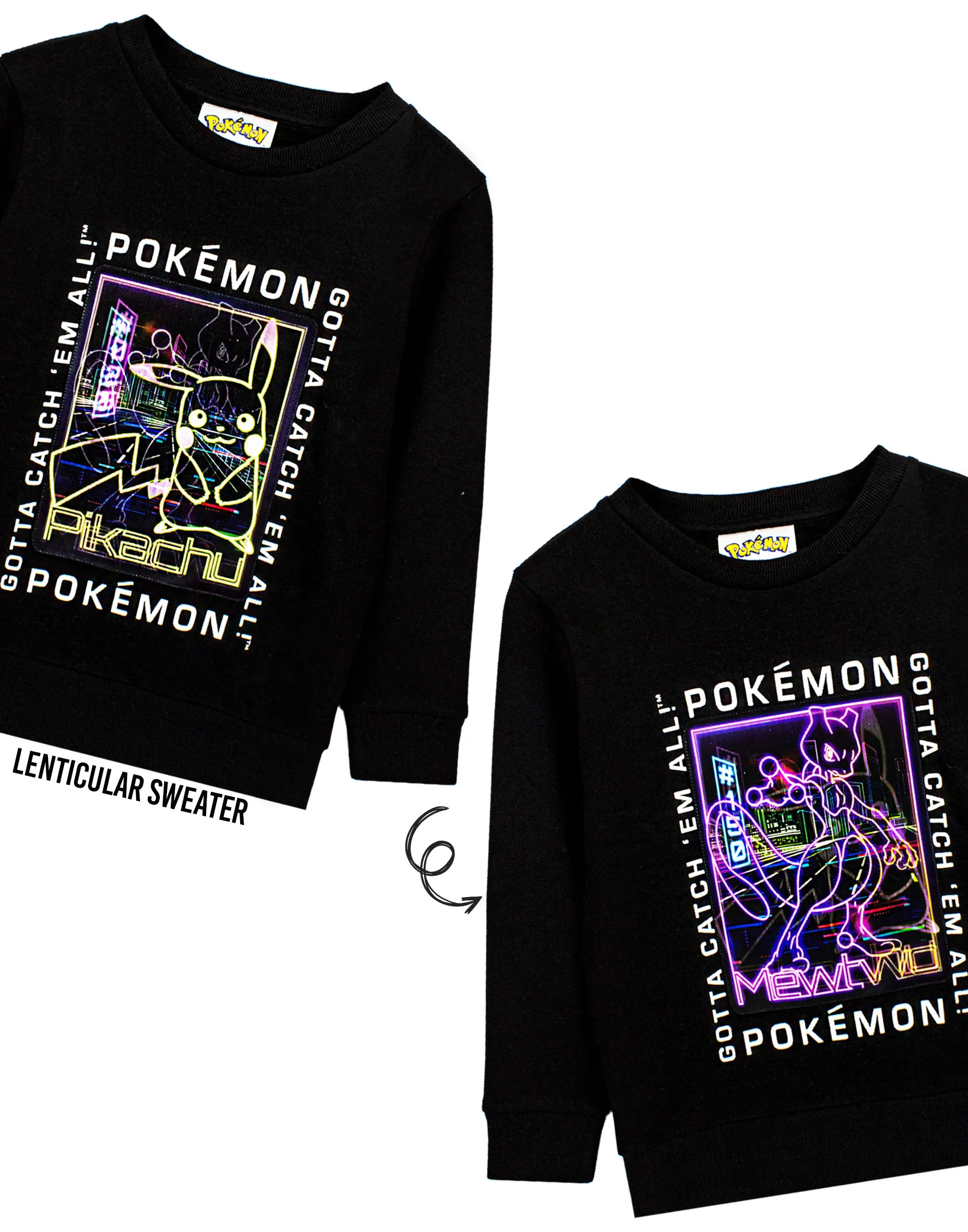 Pokemon Jumper - Pikachu Mewtwo Lenticular Boy's Black Kids Gamer Sweatshirt