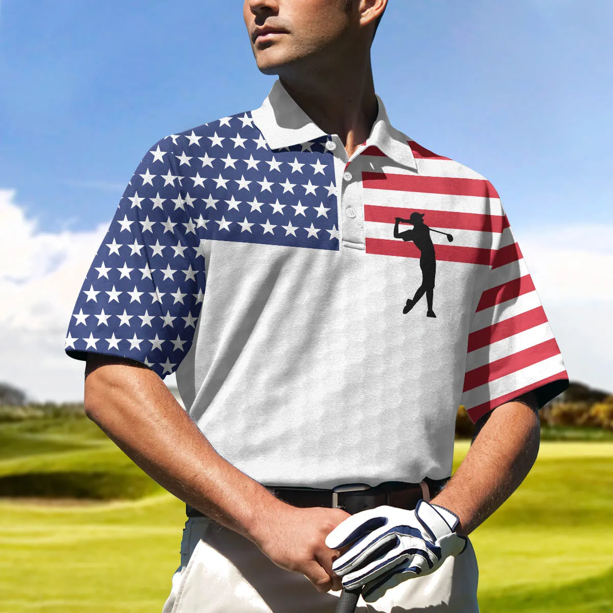 Premium American Golfer Polo Shirt, White Golf Pattern American Flag Polo Shirt, Best Golf Shirt For Men Coolspod