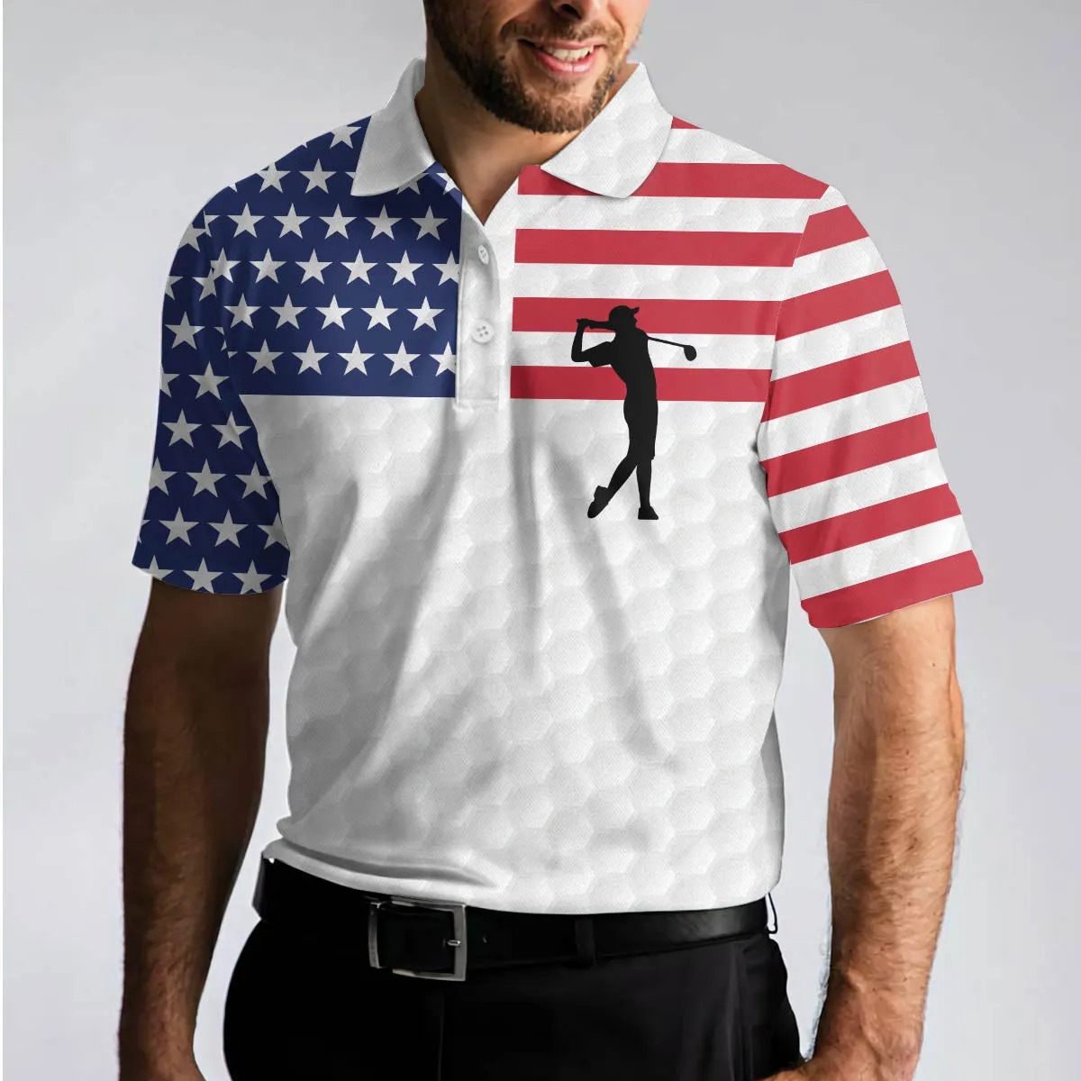 Premium American Golfer Polo Shirt, White Golf Pattern American Flag Polo Shirt, Best Golf Shirt For Men Coolspod