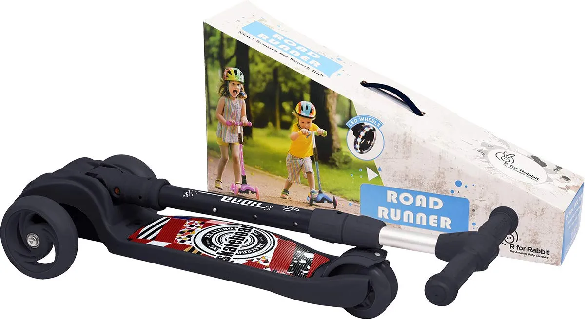 R for Rabbit Road Runner Scooter for Kids of 3 to 14 Years Age 4 Adjustable Height, Foldable, LED PU Wheels & Weight Capacity 75 kgs Kick Scooter with Brakes | 6 Months Warranty | (Black)