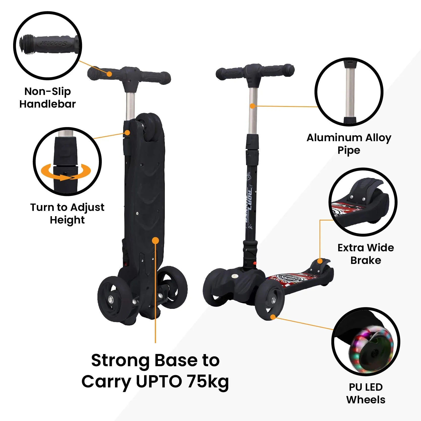 R for Rabbit Road Runner Scooter for Kids of 3 to 14 Years Age 4 Adjustable Height, Foldable, LED PU Wheels & Weight Capacity 75 kgs Kick Scooter with Brakes | 6 Months Warranty | (Black)