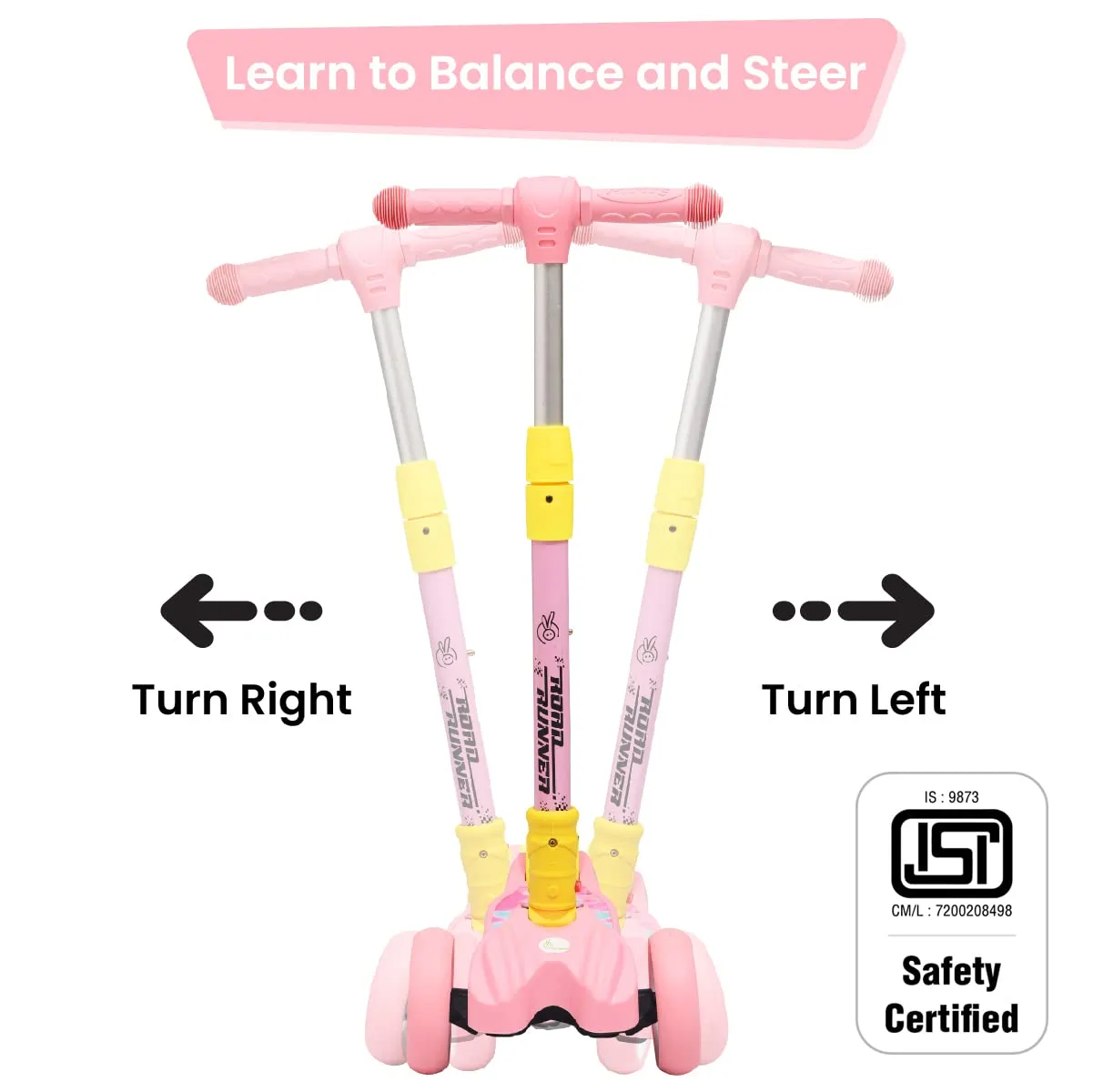 R for Rabbit Road Runner Scooter for Kids of 3 to 14 Years Age 4 Adjustable Height, Foldable, LED PU Wheels & Weight Capacity 75 kgs Kick Scooter with Brakes | 6 Months Warranty | (Pink)