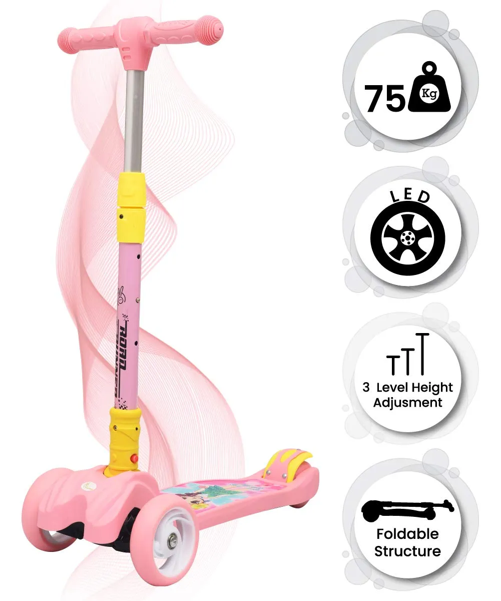 R for Rabbit Road Runner Scooter for Kids of 3 to 14 Years Age 4 Adjustable Height, Foldable, LED PU Wheels & Weight Capacity 75 kgs Kick Scooter with Brakes | 6 Months Warranty | (Pink)