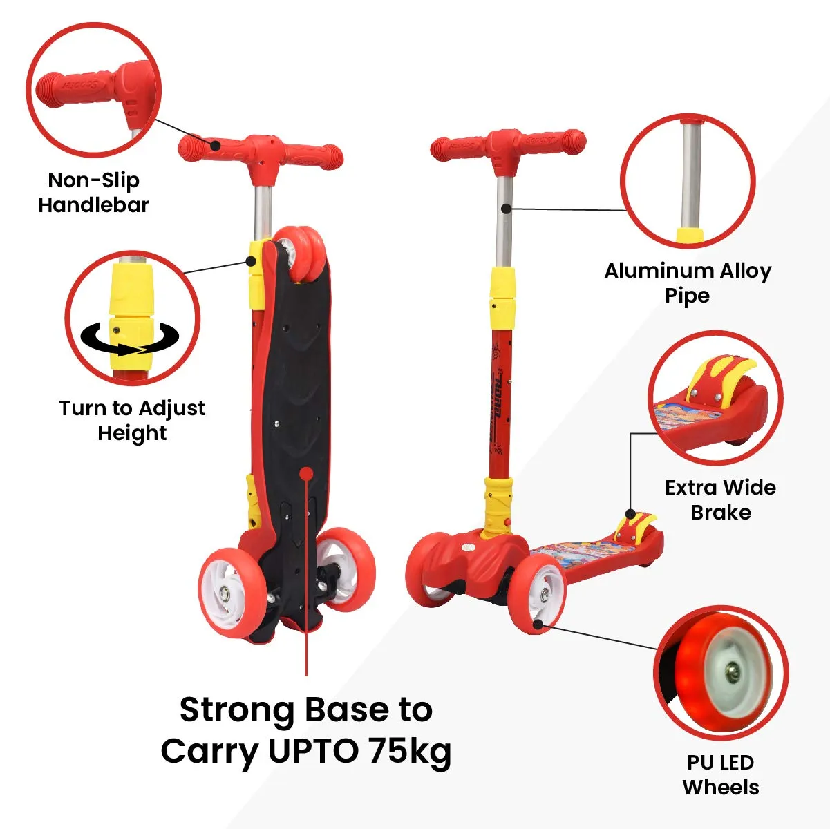 R for Rabbit Road Runner Scooter for Kids of 3 to14 Years Age 3 Level Adjustable Height Foldable, LED PU Wheels Weight Capacity 75 kgs Kick Scooter with Brakes | 6 Months Warranty | (Red)