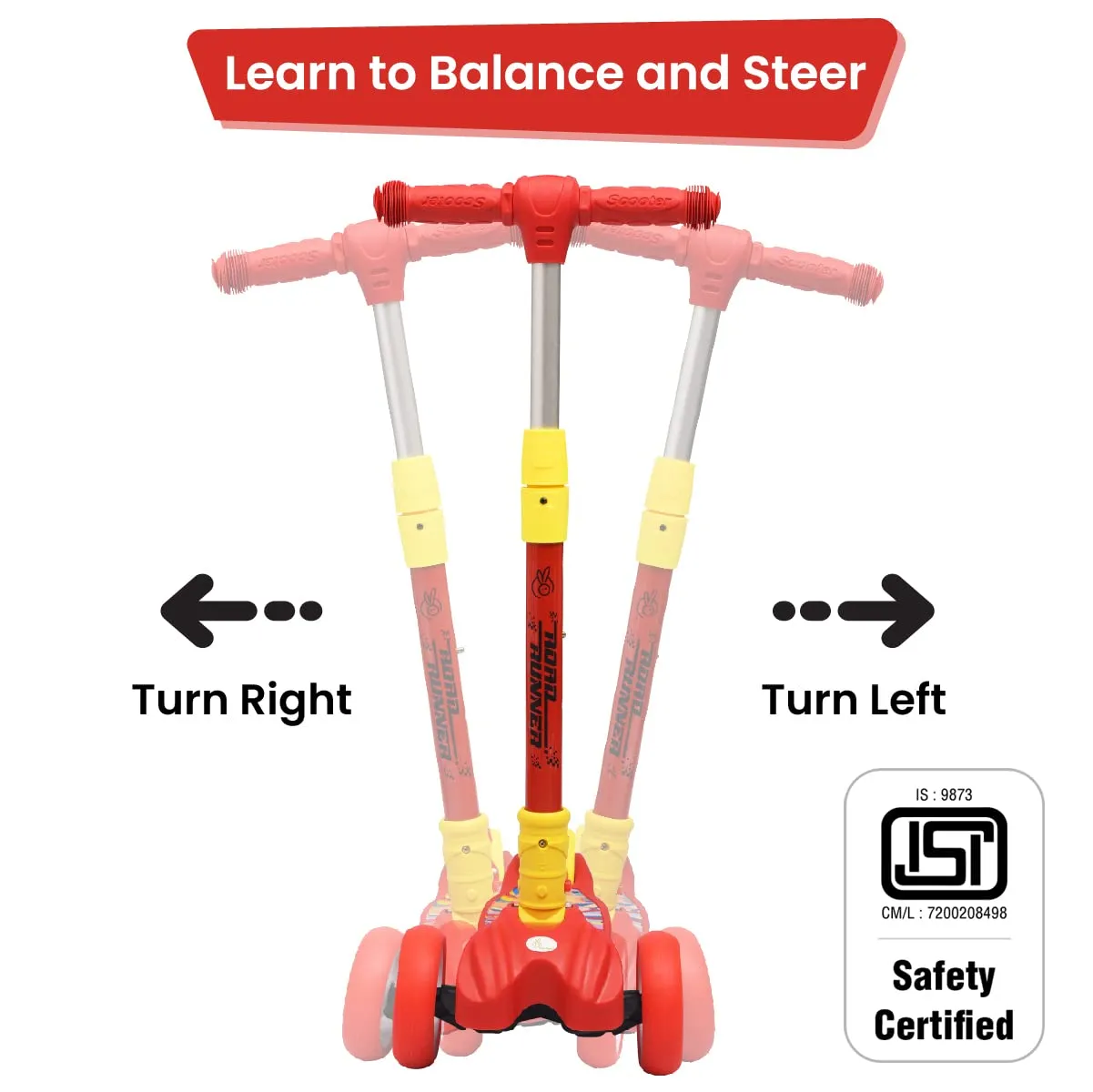 R for Rabbit Road Runner Scooter for Kids of 3 to14 Years Age 3 Level Adjustable Height Foldable, LED PU Wheels Weight Capacity 75 kgs Kick Scooter with Brakes | 6 Months Warranty | (Red)