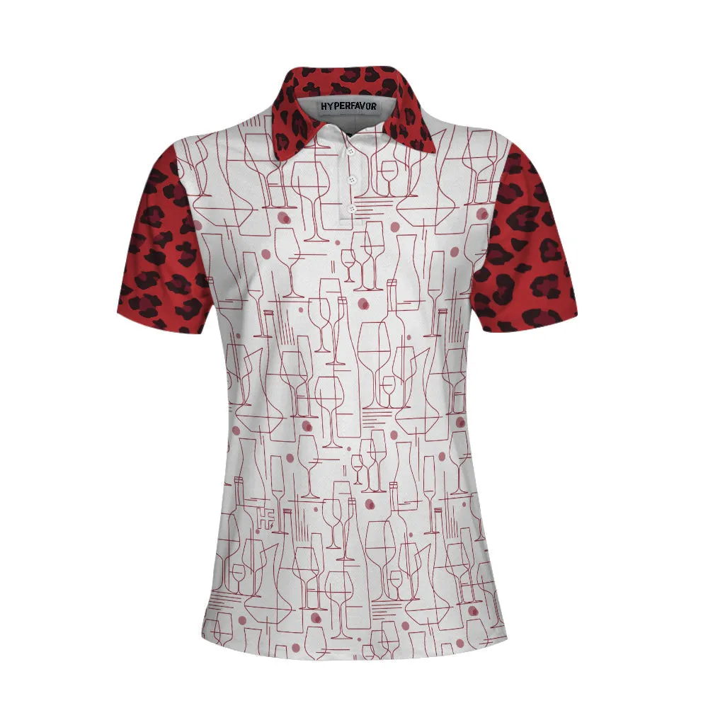 Red Wine And Leopard Pattern Drink Short Sleeve Women Polo Shirt, Wine Drinking Icon Polo Shirt For Ladies Coolspod