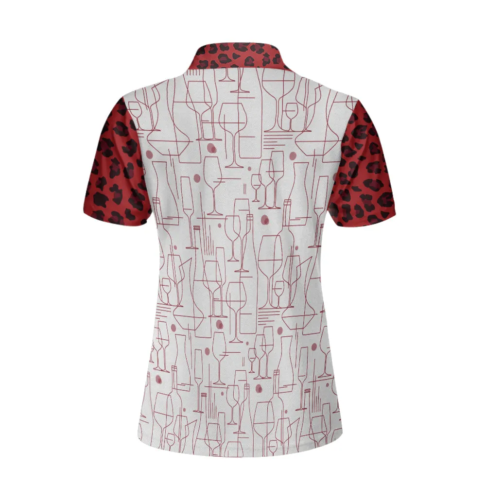 Red Wine And Leopard Pattern Drink Short Sleeve Women Polo Shirt, Wine Drinking Icon Polo Shirt For Ladies Coolspod